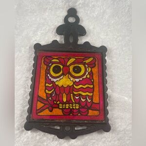 Vintage Cast Iron, Glass and Foil Owl Trivet